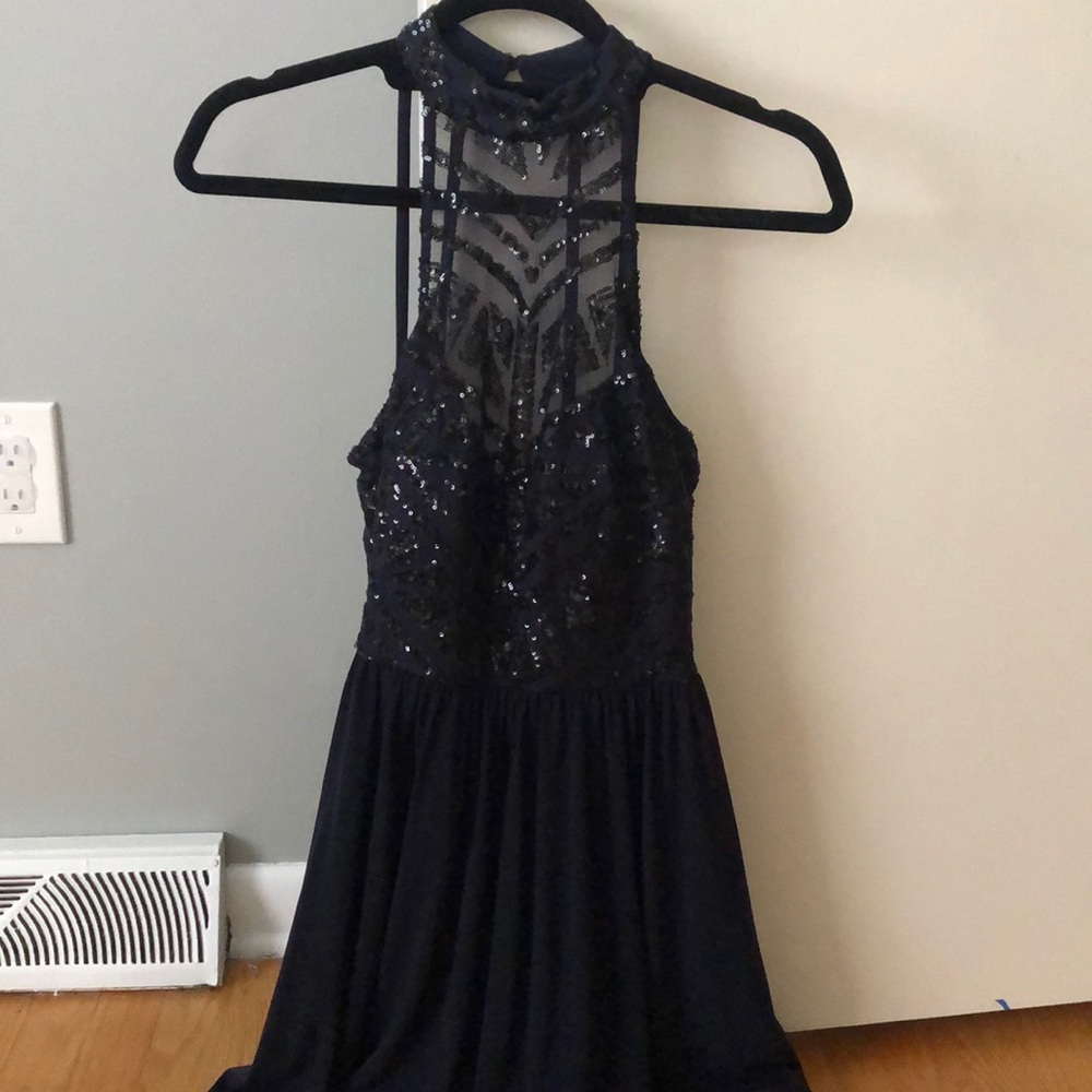 Sexy back, black sequin and mesh navy dress